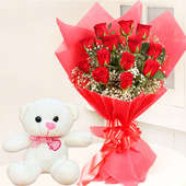 Affectionate Love - 6 Inch Teddy with Bouquet of 12 Red Roses