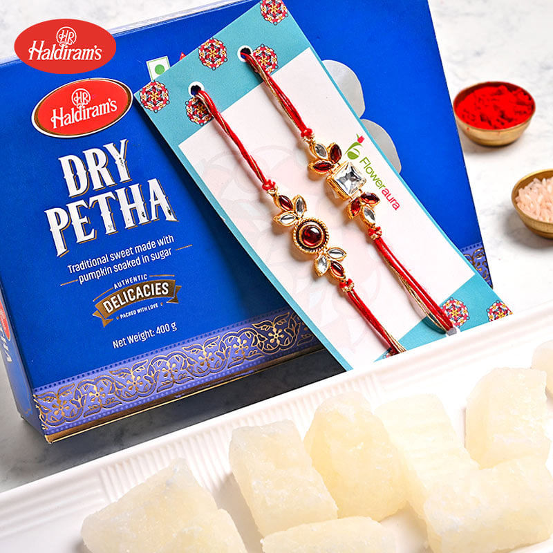 Buy Set of 2 Rakhi Online For Brotherwith Sweets - Agra Dry Petha and Kundan Rakhis Hamper