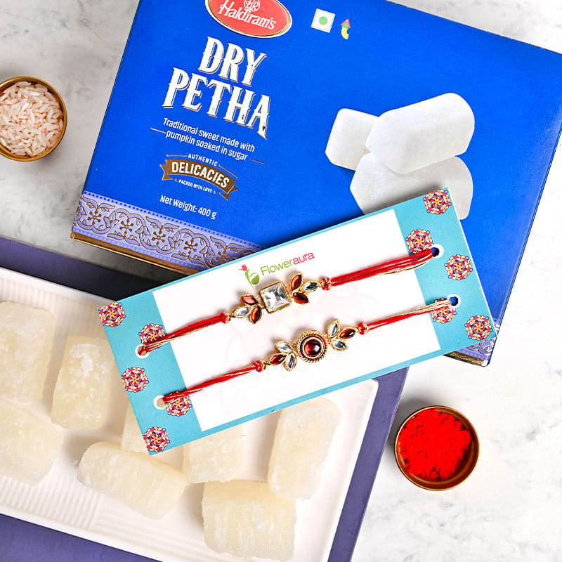 Order Set of 2 Rakhi for Brother with Sweets - Agra Dry Petha and Kundan Rakhis Hamper