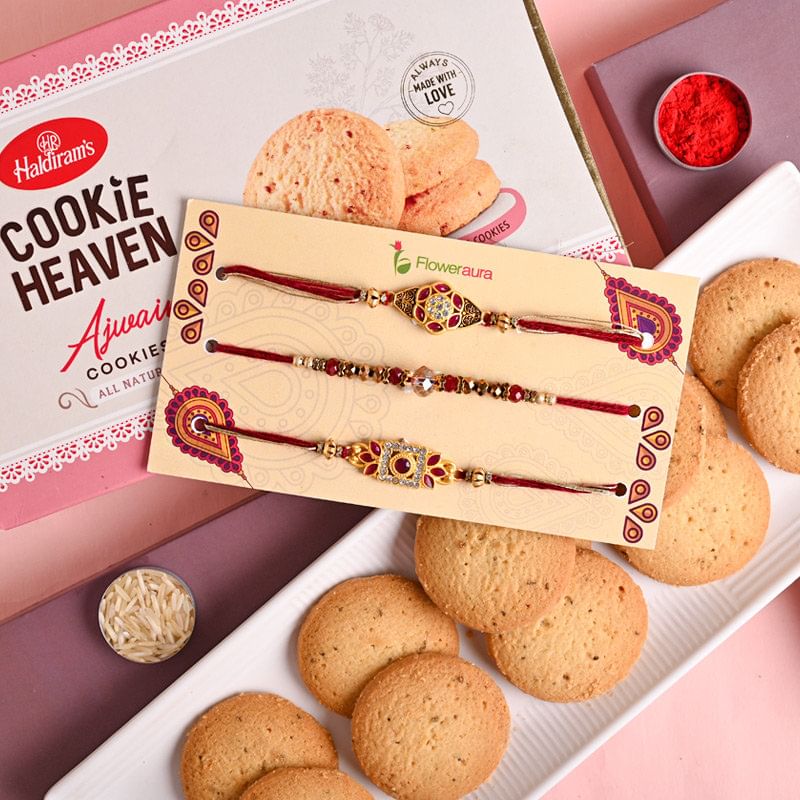 Buy Ajwain Cookies With Three Designer Rakhis - Designer Rakhi Online