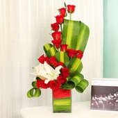 Arrangement of Red roses and White Lilies