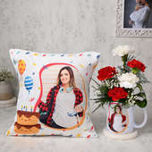 All Smiles Combo - One Personalised White Ceramic Mug with Personalised Cushion and 500gm Chocolate Cake