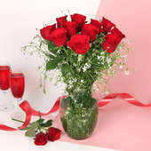 Arrangement of 12 Red Roses in Glass Vase