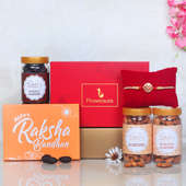 Almonds And Rakhi Signature Box - One Metal Rakhi with Roli and Chawal and Roasted Almonds and Almonds and Choco Almonds and One Floweraura Signature Box