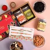 Send Set of 3 With Dry Fruits For Brother Online - Almonds Black Currants With Healthy Mix N Studded Rakhi Trio