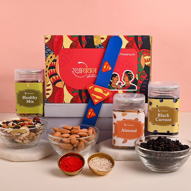 Almonds N Black Currant Mix With Superman Rakhi- Kids rakhi delivery in UK