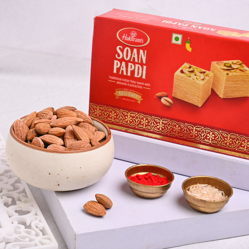 Almonds N Soan Papdi With Rakhi Online by Floweraura