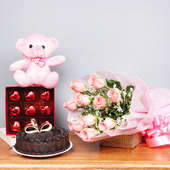 Half Kg Chocolate Cake Pink Teddy Nine Heart Shaped Chocolates Ten Pink Roses Bunch