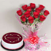Anniversary Cake Flower Combo: Bouquet of 10 Red Roses with Vanilla cake