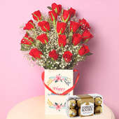 Anniversary Red Roses With Ferrero Rochers - Bunch of 20 Red Roses with Anniversary Flower Box and Pack of 16 Ferrero Rochers