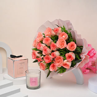 Aroma Of Roses Candle N Bouquet Duo