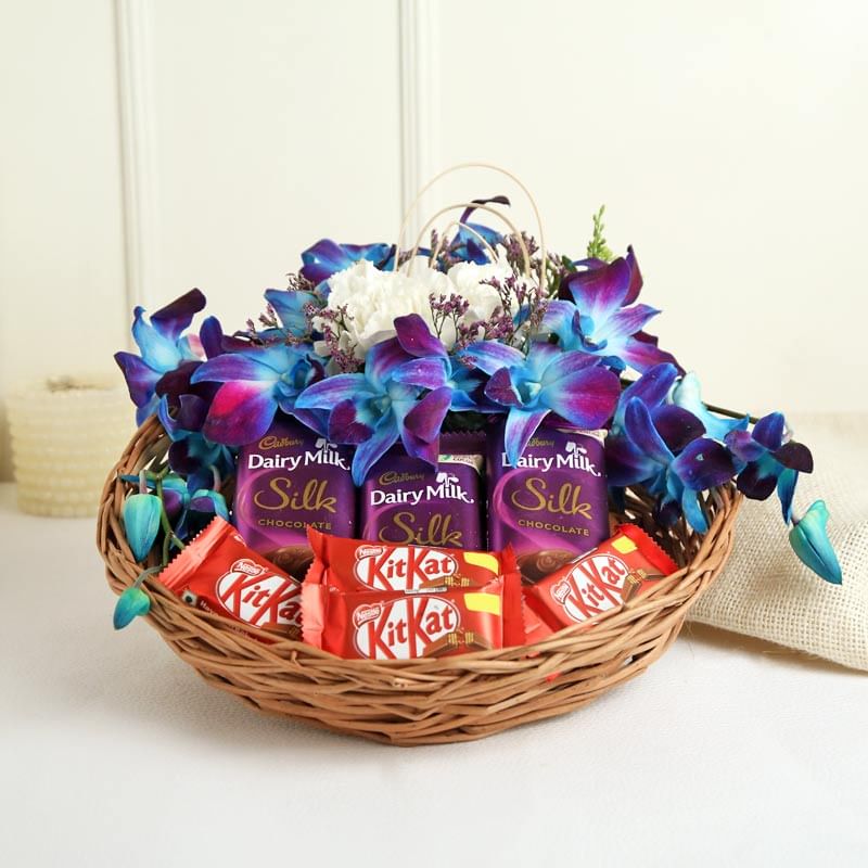 Flowers and Chocolates in a Basket 