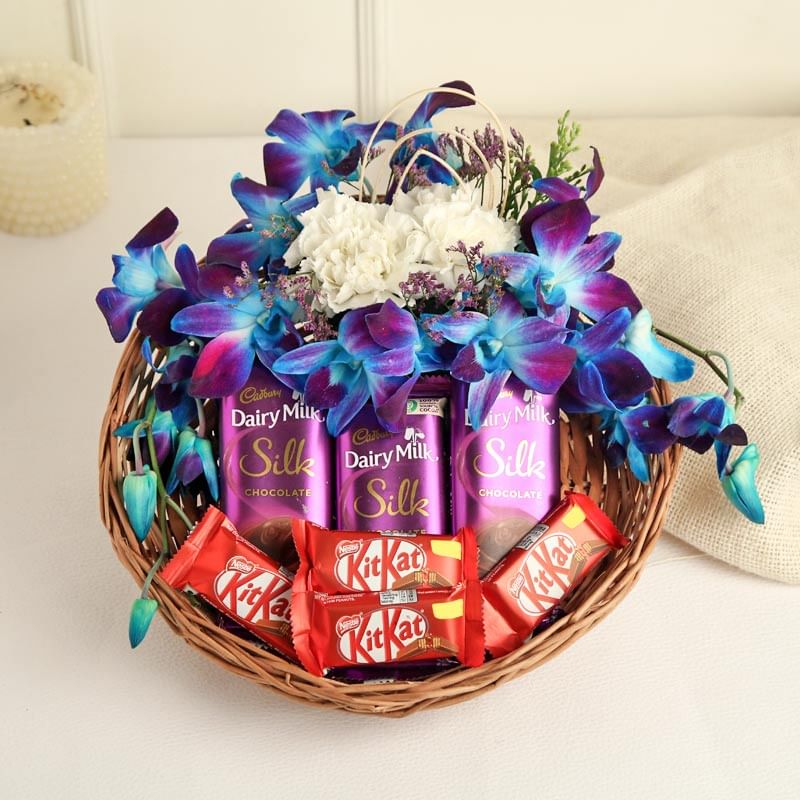 Flowers and Chocolates in a Basket 