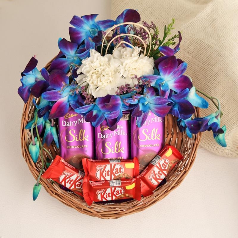 Flowers and Chocolates in a Basket 