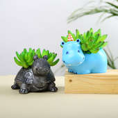 Artificial Plants In Cute Hippo And Turtle Planters