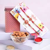Assorted Almonds With Meenakari Rakhis: Set of 2 rakhi with sweets