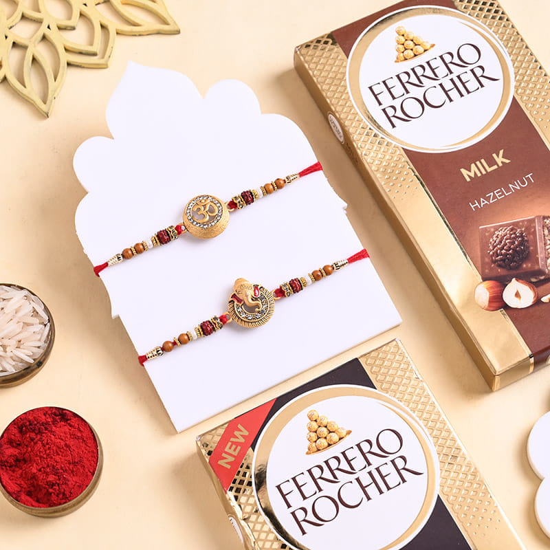 Two Auspicious Golden Rakhis With Ferrero Bars