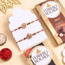 Two Auspicious Golden Rakhis With Ferrero Bars