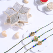 Auspicious Peacock Rakhi Trio With Kaju Katli