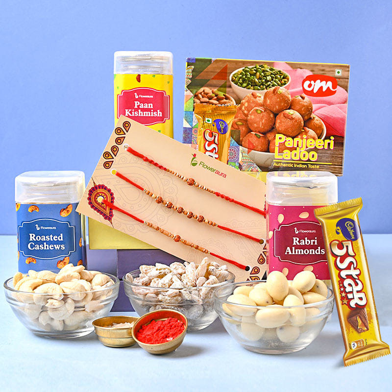 Order Rakhi For Brother Online With Chocolates, Dry Fruits, Sweets Combo - Set of 3 Rakhi
