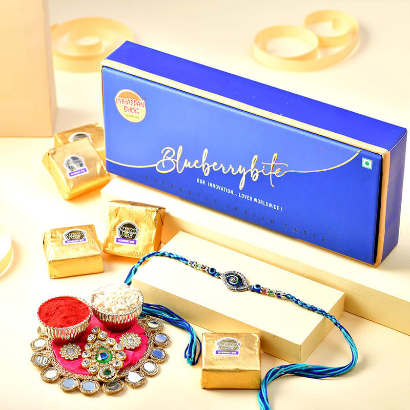 Azure Evil Eye Rakhi With Blueberry Bites
