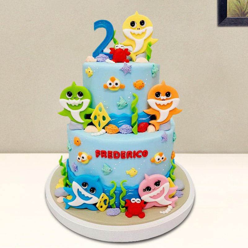 Baby Shark Family Two Tier Fondant Cake for 2nd Birthday