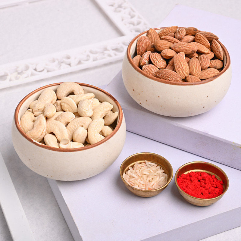 Order Badam N Kaju With Braided Rudraksha Rakhi