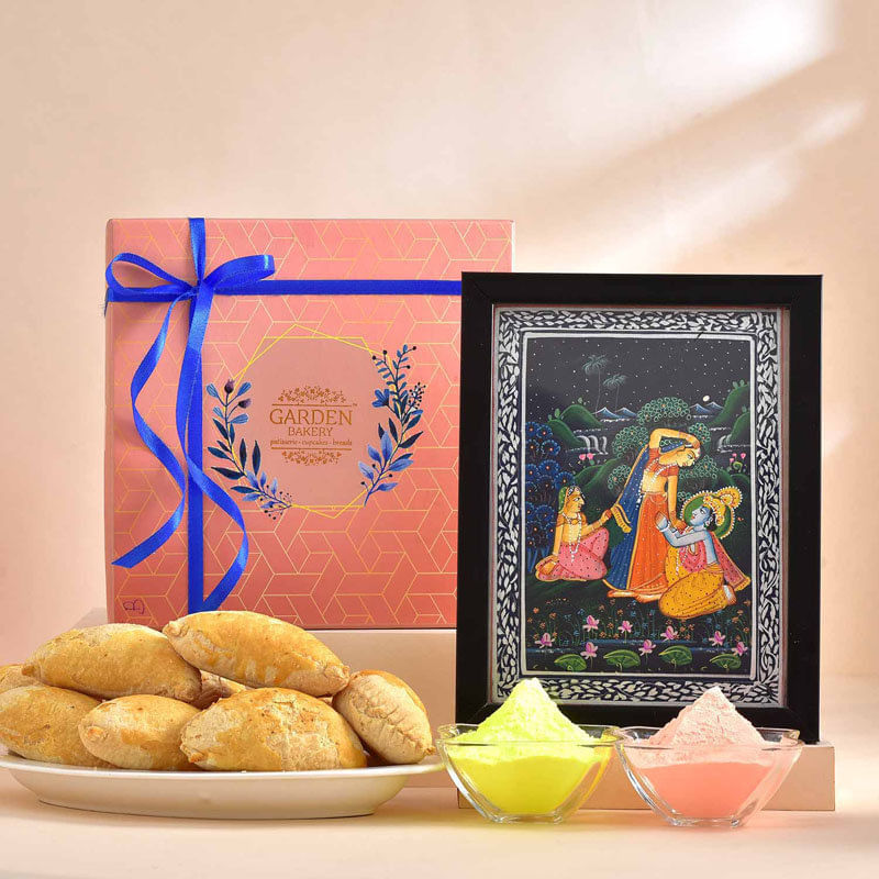 Baked Gujiya With Radha-Krishna Painting N Gulals