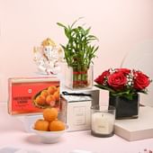 Bamboo N Roses With Motichoor Ladoo Candle N Lord Ganesha