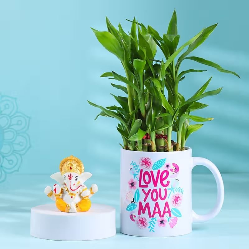 Bamboo Plant In Love You Maa Mug N Ganesha Idol