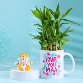 Bamboo Plant In Love You Maa Mug N Ganesha Idol