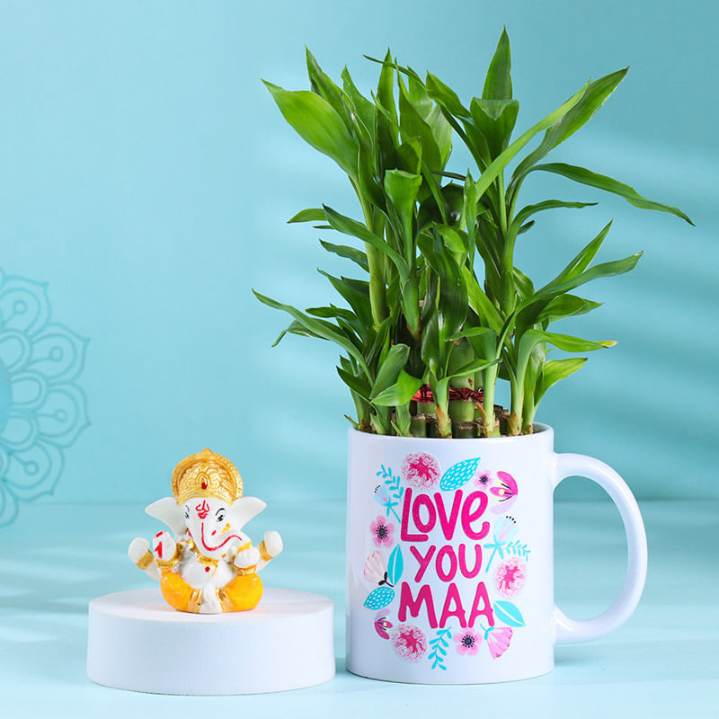 Bamboo Plant in Love You Maa Mug N Ganesha Idol