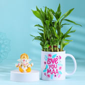 Bamboo Plant in Love You Maa Mug N Ganesha Idol