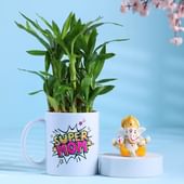Bamboo Plant In Super Mom Mug N Ganesha Idol Duo