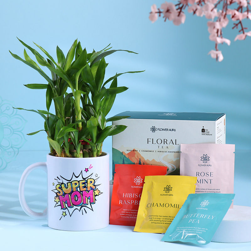 Bamboo Plant In Super Mom Mug N Tea Combo