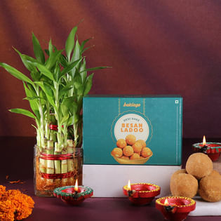 Bamboo Plant With Ladoos N Diyas