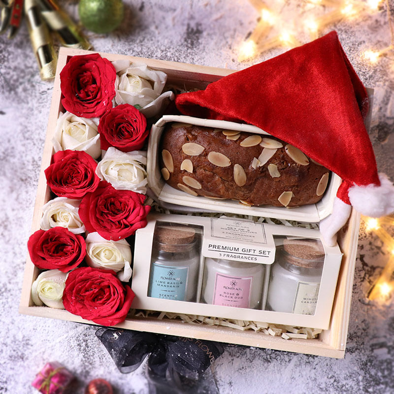 Banana N Walnut Tea Cake With Scented Candles Santa Cap N Roses