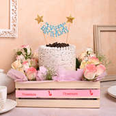 Oreo cake and Roses Arrangement in Basket: Flowers And Cakes Online