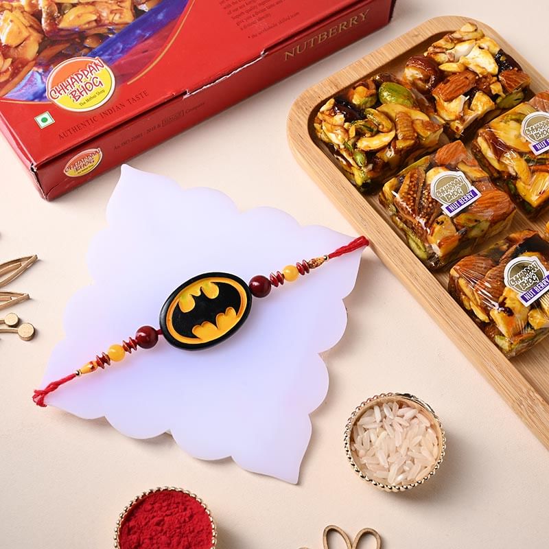 Send Batman Rakhi and Nutberry Combo to UK from India