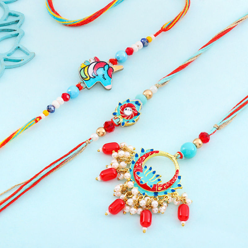 Beaded Bhaiya Bhabhi Rakhi N Unicorn Rakhi Combo