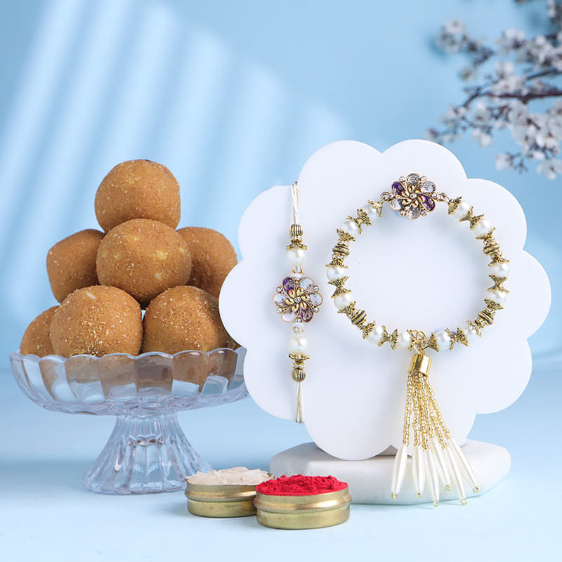 Beaded Bhaiya Bhabhi Rakhi With Besan Ladoo