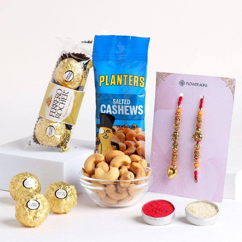 Beaded Bhaiya Bhabhi Rakhi With Cashew N Ferrero Rocher