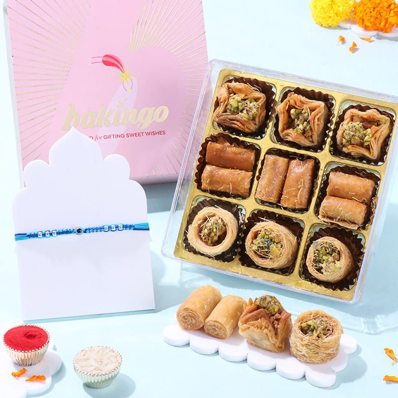 Beaded Evil Eye Rakhi With Baklava Box
