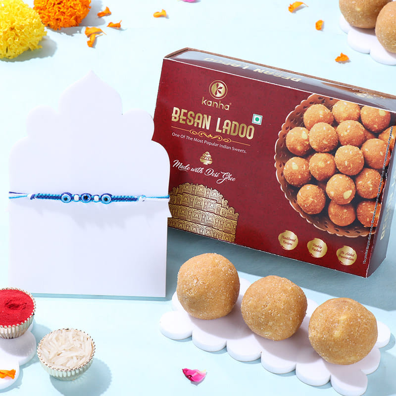 Beaded Evil Eye Rakhi With Besan Ladoos
