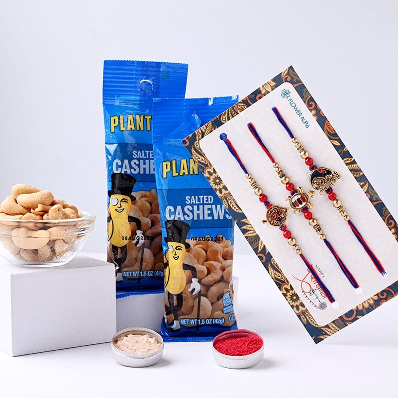 Beaded Pearly Blue N Green Rakhi With Salted Cashews