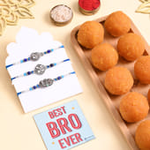 Blue Beaded Rakhi Trio With Motichoor Ladoo