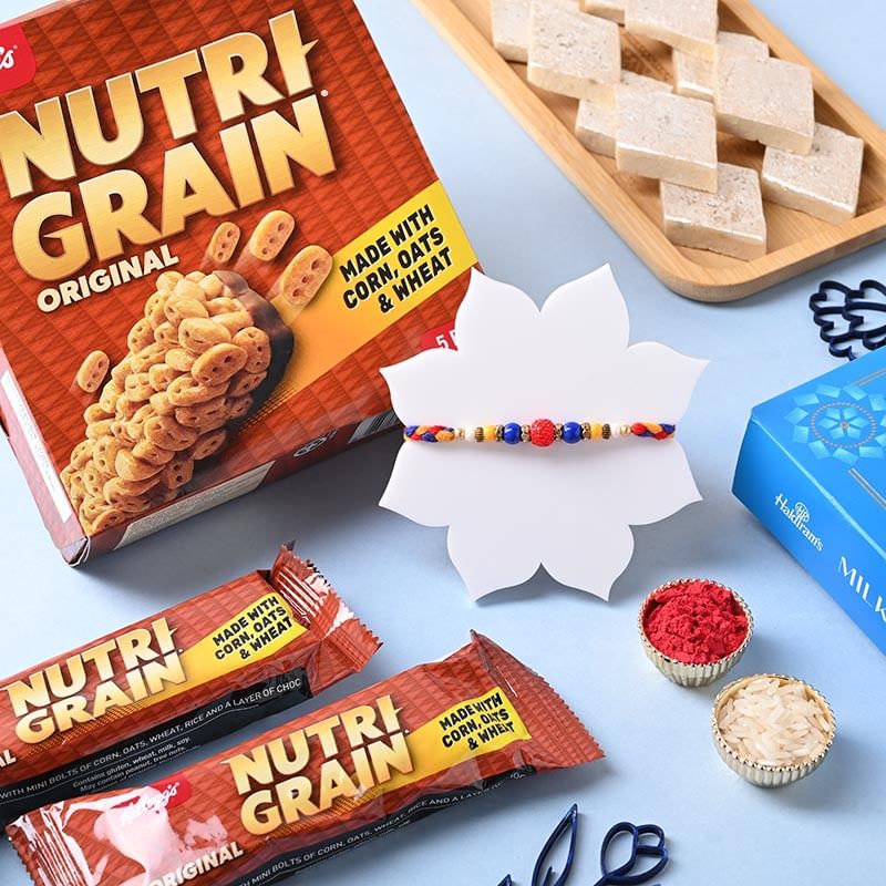 Beaded Rakhi With Sweets And Nutri Grain Bars