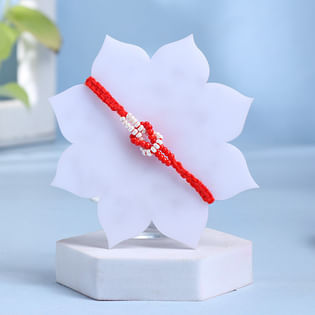 Beaded Red White Rakhi with Haldirams Rasgullas