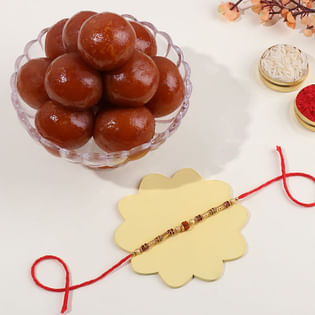 Beaded Rudraksha Rakhi With Gulab Jamun
