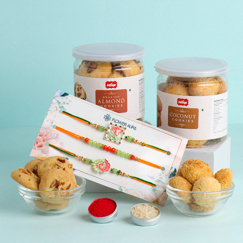 Set of 3 Rakhi With Coconut Almond Cookies